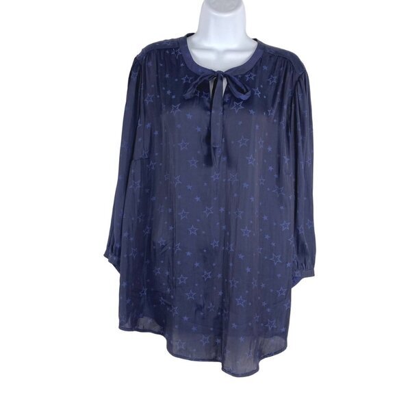 Torrid Peasant Blouse Charmeuse Jacquard‎ Star Navy Blue Tie Neck NWT 2X Flawed - Picture 1 of 11